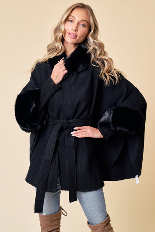 Black Faux Fur Trimmed Hood & Sleeve