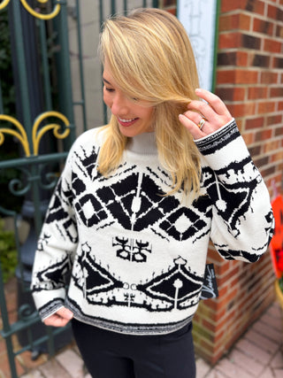 Olivia by Habitat Geometric Jacquard Mock Neck Sweater Ivory