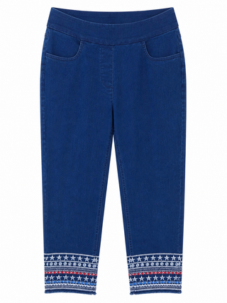 Lulu B Clear Denim Embroidered Stars and Stripes Pull on Jean Capri