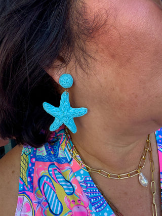 Wrapped Raffia Starfish Earrings Aqua