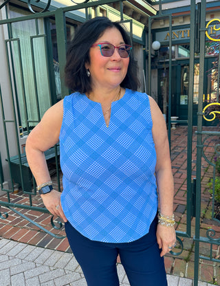 Lulu B Bright Periwinkle Grid Sleeveless Keyhole Top