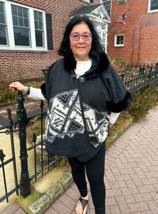 Black Aztec Wrap with Faux Fur Trim with Hood