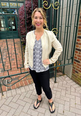 Lulu B Chic Stone Frayed Edge Linen Zip Jacket