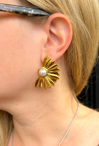 Gold and Pearl Sunflower Earrings
