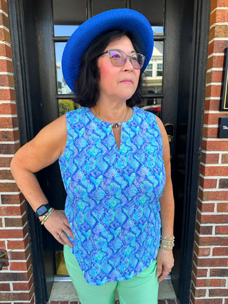 Lulu B Blue Snake Sleeveless Keyhole Top