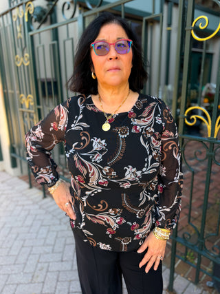 Tango Mango Black Baroque Floral Lined Mesh Blouse