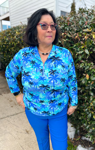 Lulu B Blue Palm Tree Quarter Zip Pullover