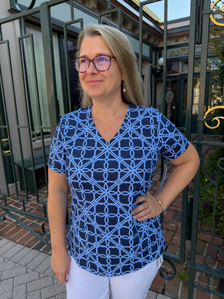 Lulu B Clear Periwinkle Loops UPF 50+ Short Sleeve V-neck Top