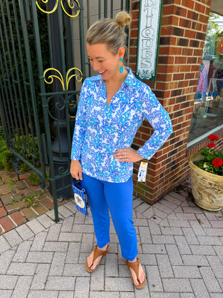 Lulu B Blue Coral Long Sleeve Collar Top