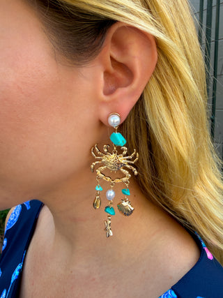 Crab & Sealife Theme Dangle Earrings Turquoise