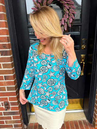 Lulu B Clear Turquoise Shells Crew Neck 3/4 Sleeve Top
