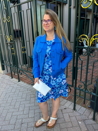 Tango Modern Blue Flower A-line Dress with Pockets
