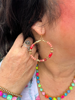 Red and Salmon Beaded Hoop Earrings