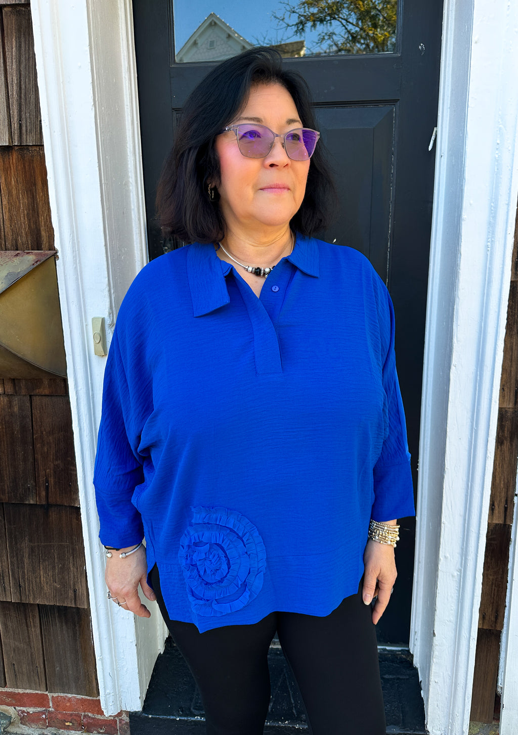 Tango Mango Royal Blue Textured Tunic Blouse with Ruffle Detail ...