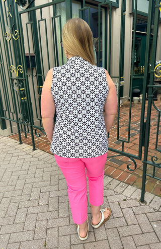 Beachtime by Lulu B Black and Stone Flower Sleeveless Zip Up