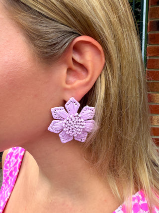 Wrapped Raffia Flower Earrings Lavender