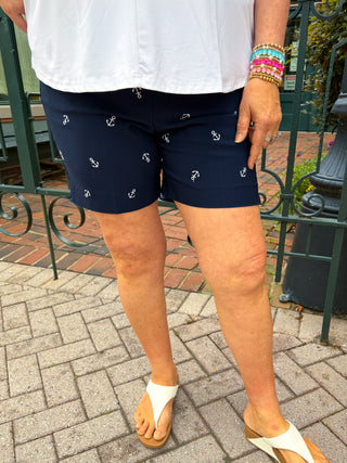 Bangladine by Lulu B Embroidered Anchor Navy Pull-On Shorts with Side Vents