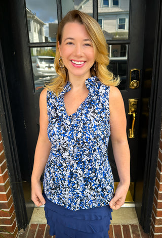 Lulu B Navy and Sand Vine Ruffle V-Neck Tank