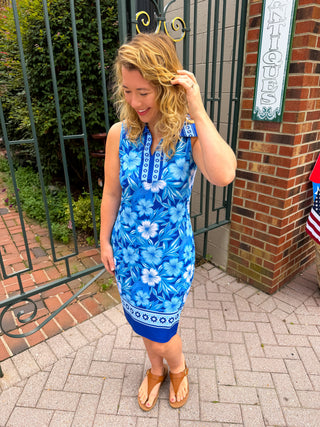 Tango Mango Blue Flower Sleeveless Collar Dress