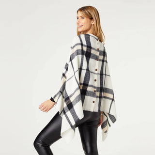 Adela Supersoft Plaid Poncho with Buttons Cream and Black