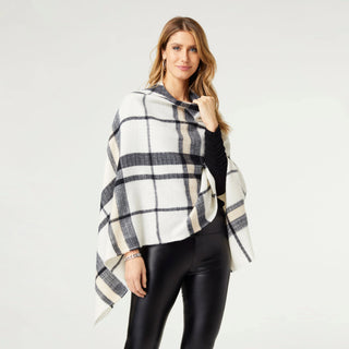 Adela Supersoft Plaid Poncho with Buttons Cream and Black