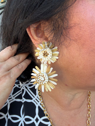 Raffia Tan and White Flower Earrings