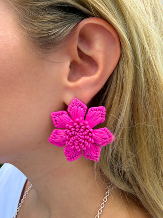 Wrapped Raffia Flower Earrings Fuchsia