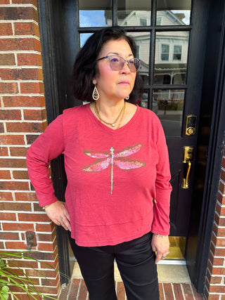 Escape by Habitat Garnet Dragonflies Step Hem Boxy V-neck Tee