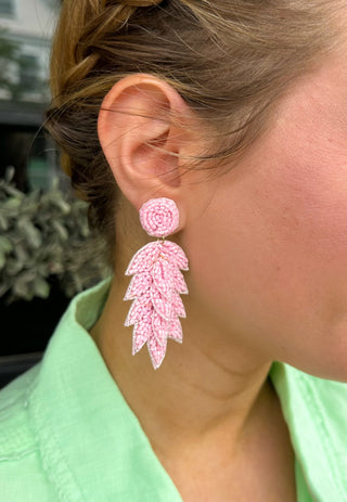 Beaded Light Pink Feather Earrings