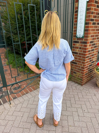 Coastal Blue Stripe Linen Blend Button Down Top