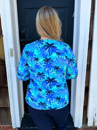 Lulu B Blue Palm Tree V-Neck 3/4 Sleeve Top