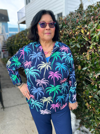 Beachtime by Lulu B Multicolor Palms Quarter Zip-Up Pull-Over