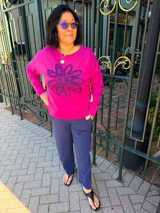Escape by Habitat Fuchsia Batik Daisy Scoop Neck Fleece Pullover