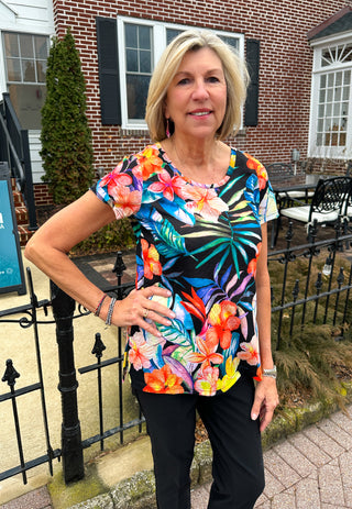 Vibrant Tango Mango Tropical Floral Scoop Neck Tee