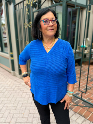 Lulu B Blue Waffle Texture 3/4 Sleeve V-Neck Top