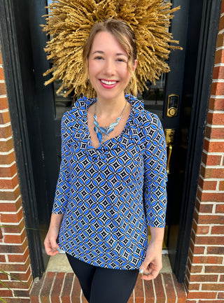 Lulu B Ruffle Neck Blue Geometric Top
