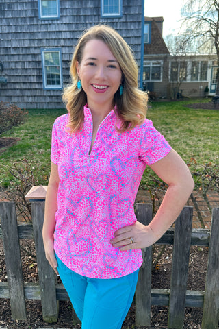 Beachtime by Lulu B Bright Pink Swirl Hearts Short Sleeve Zip Top