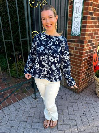 Olivia by Habitat Floral Contrast Trim Cotton Sweater Navy