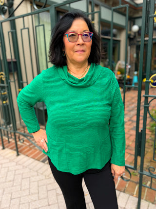 Lulu B Emerald Waffle Texture Cowl Neck 2 Pocket Top
