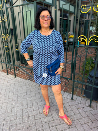 Lulu B Periwinkle and Navy Geometric Link Asymmetrical Scoop Neck Top