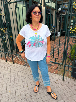 Escape by Habitat White Sunflower Cuff Sleeve Tee