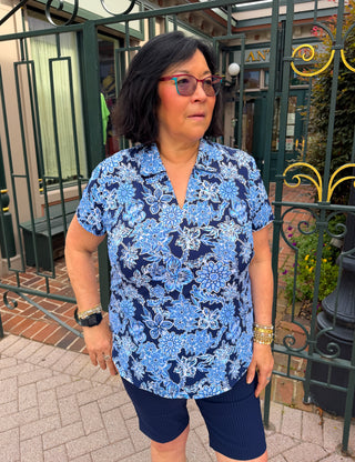 Beachtime by Lulu B Navy Hibiscus Short Sleeve Collar Top
