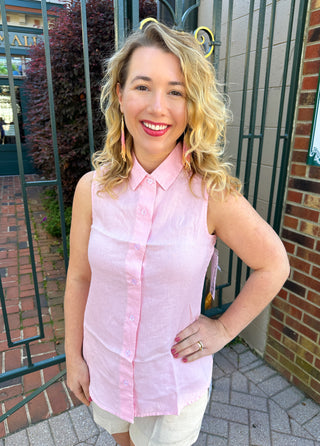 Lulu B Seaglass Pink Linen Sleeveless Collar Top
