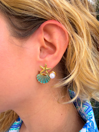 Starfish and Teal Shell Earrings