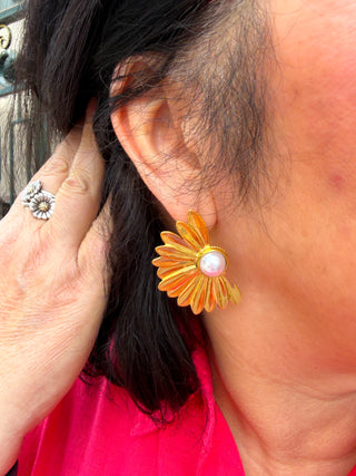 Gold and Pearl Sunflower Earrings