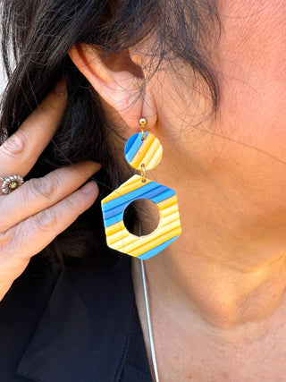 Blue and Yellow Multi Hexagon Earrings