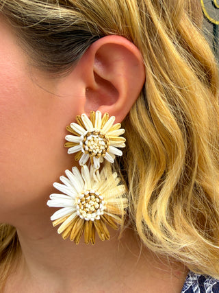Raffia Tan and White Flower Earrings