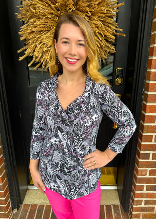 Lulu B Ruffle Neck Black and White Jungle Top