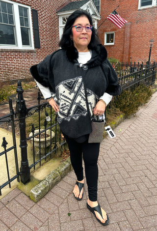 Black Aztec Wrap with Faux Fur Trim with Hood
