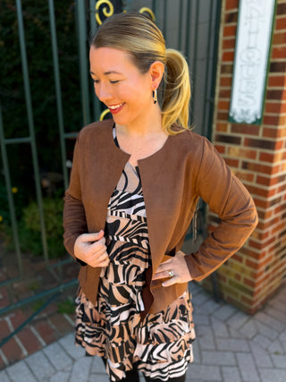 Tango Mango Cognac Open Front Faux Suede Jacket